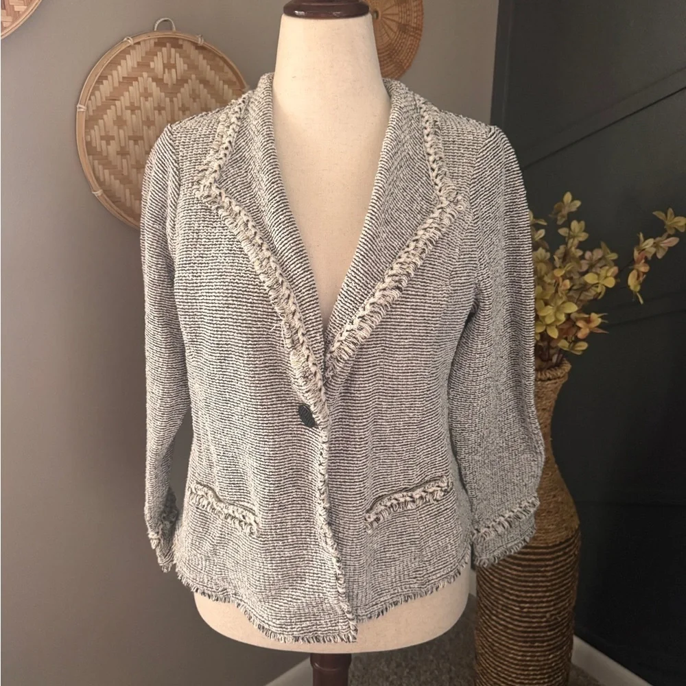 Chico's Chic Black and White Textured Blazer frayed neutral casual